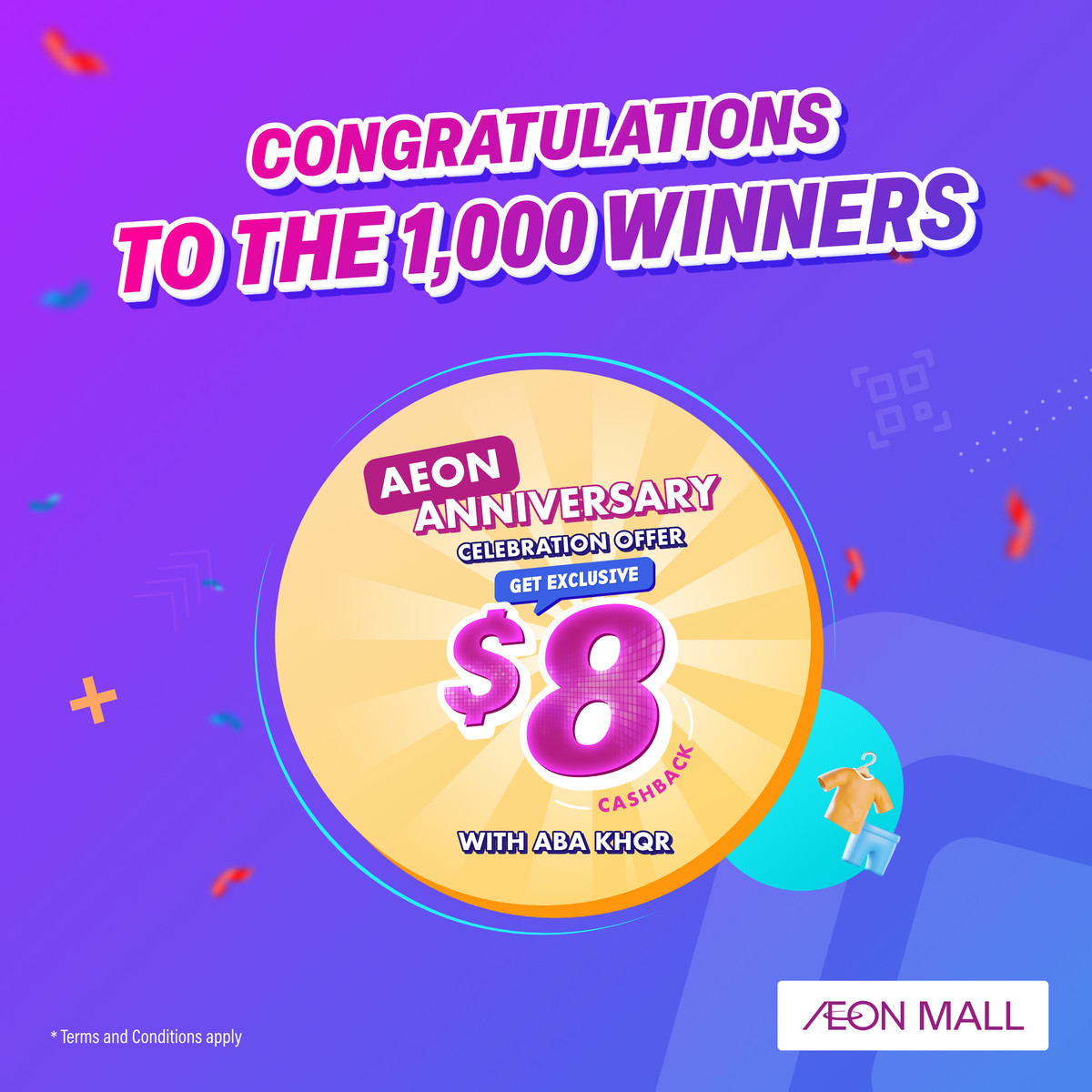 Congratulations​ to​ the​ winners​ of​ ‘Get​ $8​ cashback​ at​ AEON​ with​ ABA​ KHQR’​ promotion